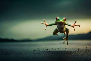 een kikker jumping in de lucht met haar poten verspreiding. ai-gegenereerd foto