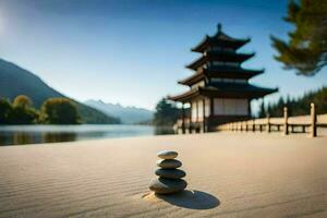 een stack van stenen Aan de strand in de buurt een pagode. ai-gegenereerd foto