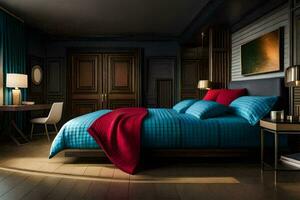 een slaapkamer met blauw muren en een rood bed. ai-gegenereerd foto