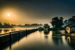 een rivier- Bij zonsopkomst met huizen en een boot. ai-gegenereerd foto