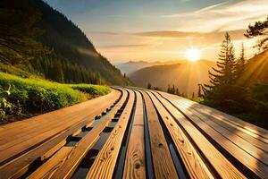 een houten promenade Leidt naar de zon in de bergen. ai-gegenereerd foto