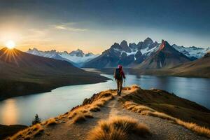 de Mens is staand Aan de rand van een berg met uitzicht een meer en de zon instelling over- de. ai-gegenereerd foto