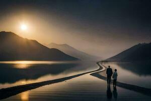 een paar wandelen langs een meer Bij zonsondergang. ai-gegenereerd foto