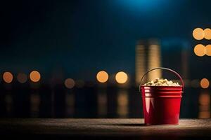 een emmer van popcorn Aan een tafel in voorkant van een stad horizon. ai-gegenereerd foto