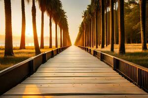 een houten loopbrug Leidt naar een strand Bij zonsondergang. ai-gegenereerd foto