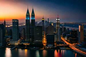 de stad horizon Bij schemer in Singapore. ai-gegenereerd foto