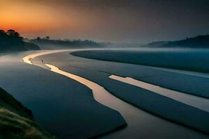 de zon stijgt over- een rivier- in de ochtend. ai-gegenereerd foto