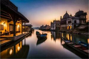 boten Aan de rivier- Bij zonsondergang in Indië. ai-gegenereerd foto