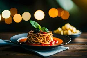 spaghetti met tomaat saus en vlees Aan een bord. ai-gegenereerd foto