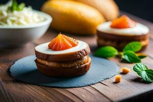 klein cakes met room kaas en aardbeien Aan een houten bord. ai-gegenereerd foto