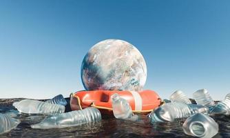 planeet met reddingsboei in de oceaan omringd door plastic flessen