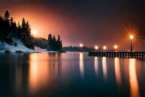 een pier en lichten Aan de water Bij nacht. ai-gegenereerd foto