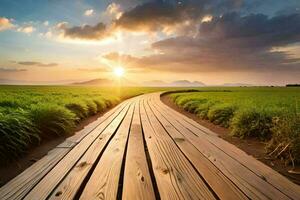 een houten pad Leidt naar de zon in de midden- van een groen veld. ai-gegenereerd foto