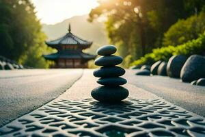 zen stenen gestapeld Aan top van elk andere in voorkant van een pagode. ai-gegenereerd foto