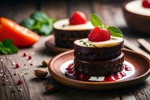 een bord van chocola taart met aardbeien en room. ai-gegenereerd foto