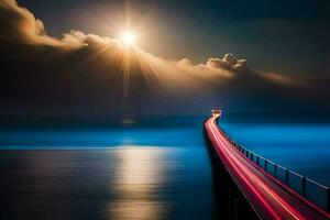 een lang brug met een zon schijnend over- het. ai-gegenereerd foto