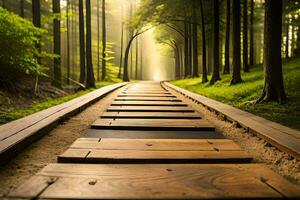 een houten pad Leidt naar de zon in de Woud. ai-gegenereerd foto