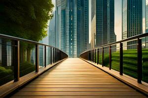 een loopbrug in voorkant van hoog gebouwen met groen gras. ai-gegenereerd foto