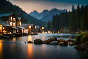 foto behang de lucht, bergen, meer, huis, rotsen, water, de bergen, de. ai-gegenereerd