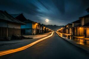 een straat met lichten Aan Bij nacht. ai-gegenereerd foto