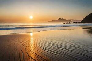 de zon stijgt over- de oceaan en de golven Aan de strand. ai-gegenereerd foto