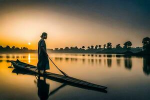 een vrouw is staand Aan een boot in de midden- van een meer Bij zonsondergang. ai-gegenereerd foto