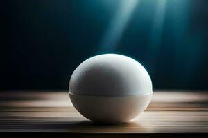 een ei zittend Aan een tafel met een licht schijnend Aan het. ai-gegenereerd foto