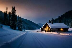 een cabine in de sneeuw Bij zonsondergang. ai-gegenereerd foto