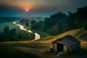 door Thais string, Thailand, zonsopkomst, zonsopkomst over- de rivier, zonsopkomst over- de. ai-gegenereerd foto