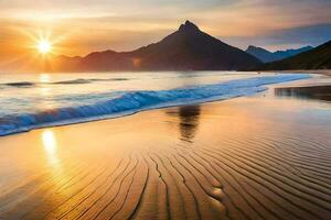 de zon stijgt over- de oceaan en bergen in deze mooi strand. ai-gegenereerd foto