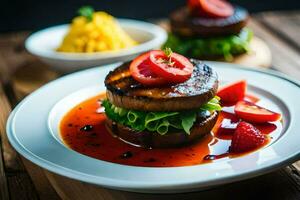 een bord met een hamburger en saus Aan het. ai-gegenereerd foto