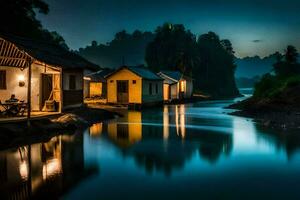 een rivier- Bij nacht met huizen en een brug. ai-gegenereerd foto