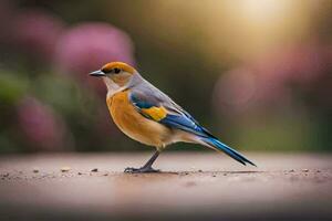 een klein vogel met een blauw en geel hoofd. ai-gegenereerd foto