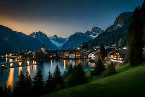 foto behang bergen, meer, dorp, rivier, zonsondergang, meer, Zwitserland, meer,. ai-gegenereerd