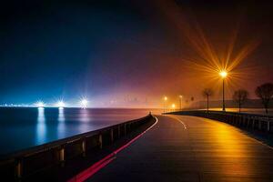 een lang loopbrug langs de water Bij nacht. ai-gegenereerd foto