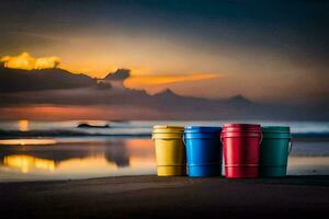 drie kleurrijk emmers zitten Aan de strand Bij zonsondergang. ai-gegenereerd foto