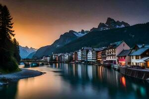 de zon sets over- een rivier- en bergen in Zwitserland. ai-gegenereerd foto