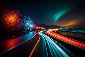 een lang blootstelling foto van een snelweg met kleurrijk lichten. ai-gegenereerd