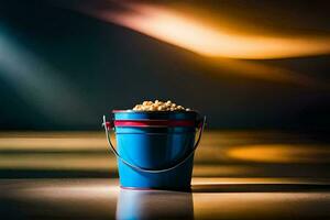 een blauw emmer gevulde met popcorn Aan een tafel. ai-gegenereerd foto