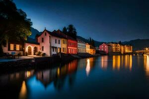 kleurrijk huizen langs de rivier- Bij nacht. ai-gegenereerd foto