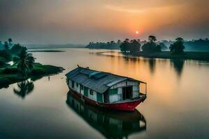 een woonboot is drijvend Aan de water Bij zonsopkomst. ai-gegenereerd foto