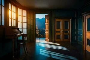 een kamer met een piano en ramen. ai-gegenereerd foto