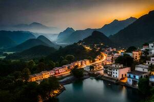 foto behang de lucht, bergen, China, de lucht, bergen, dorp, zonsondergang,. ai-gegenereerd
