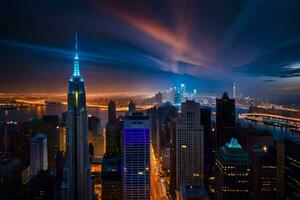 de stad horizon Bij nacht met lichten schijnt. ai-gegenereerd foto