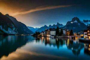 foto behang de lucht, bergen, meer, Zwitserland, de Alpen, meer lau. ai-gegenereerd