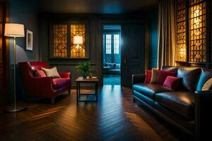 de leven kamer van een hotel kamer met donker hout vloeren. ai-gegenereerd foto