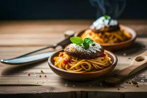 spaghetti met gehaktballen in een houten schaal. ai-gegenereerd foto