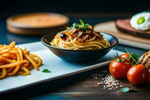 spaghetti met tomaat saus en brood Aan een bord. ai-gegenereerd foto