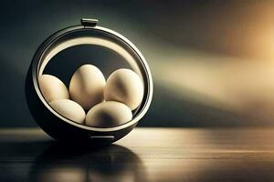 eieren in een ronde spiegel. ai-gegenereerd foto