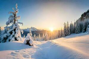 foto behang de lucht, sneeuw, bomen, bergen, zon, bomen, de bergen, de. ai-gegenereerd